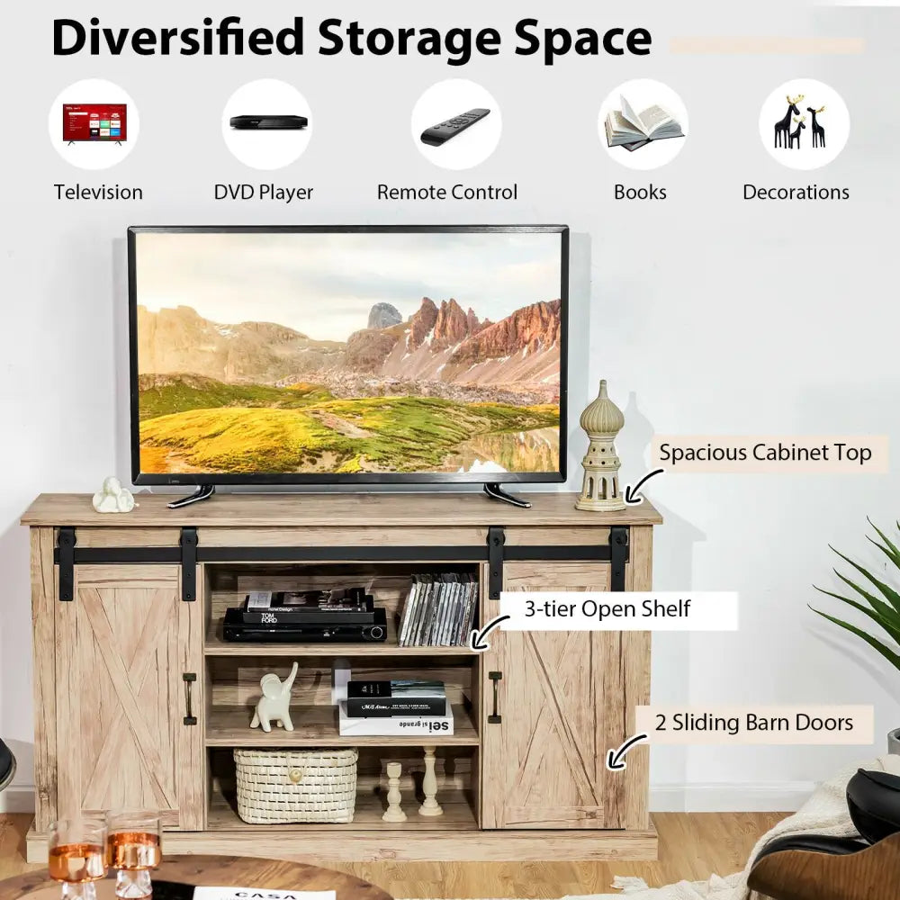 55 Inch Sliding Barn Door TV Stand with Adjustable Shelves for TVs up to 65 Inch-Natural - Natural - Entertainment