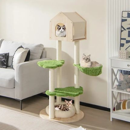 55 Inch Tall Cat Climbing Stand with Sisal Scratching Posts and Soft Cat Bed for Indoor Kittens-Green - Green - Cat