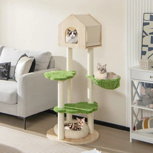 55 Inch Tall Cat Climbing Stand with Sisal Scratching Posts and Soft Cat Bed for Indoor Kittens-Green - Green - Cat
