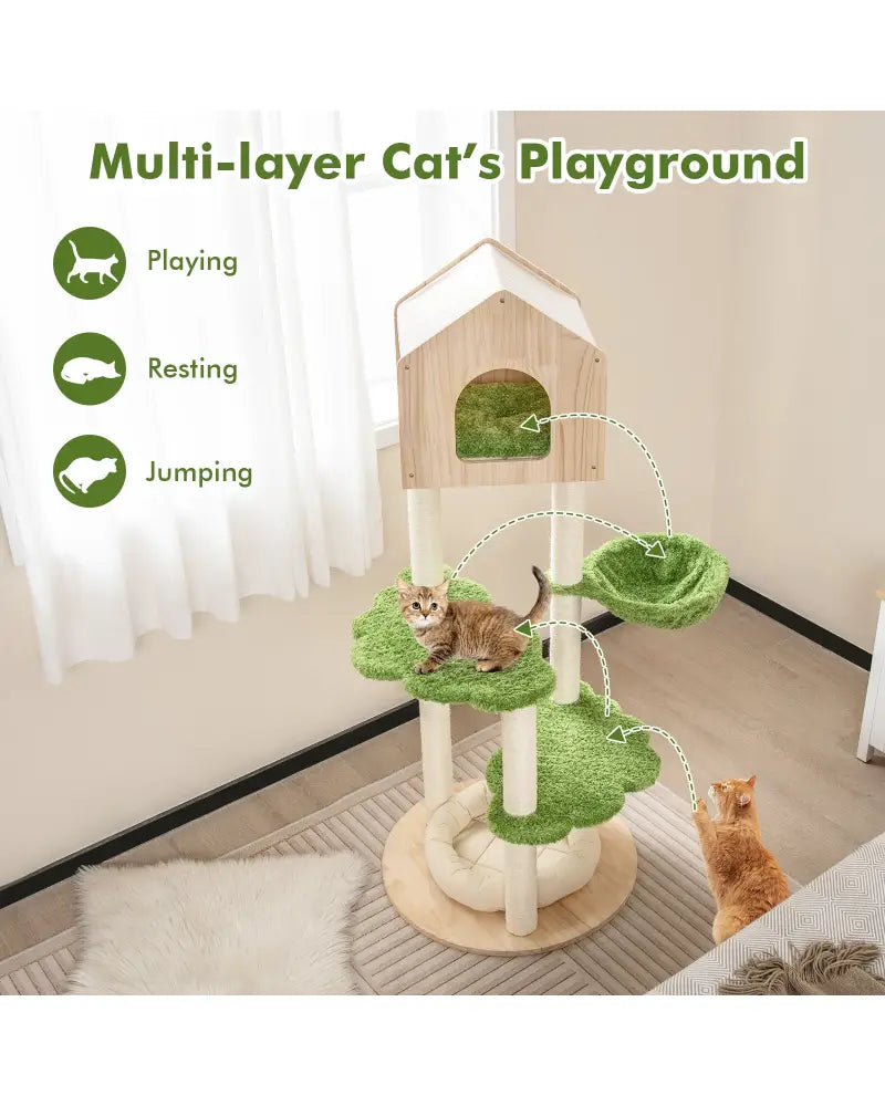 55 Inch Tall Cat Climbing Stand with Sisal Scratching Posts and Soft Cat Bed for Indoor Kittens-Green - Green - Cat