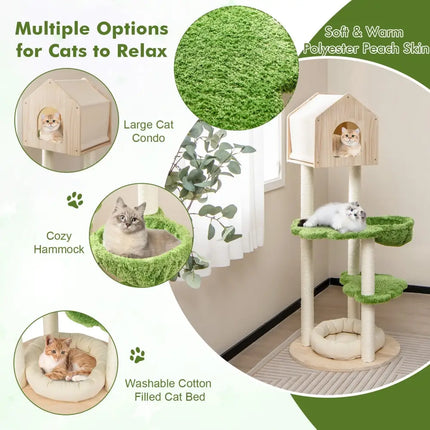 55 Inch Tall Cat Climbing Stand with Sisal Scratching Posts and Soft Cat Bed for Indoor Kittens-Green - Green - Cat