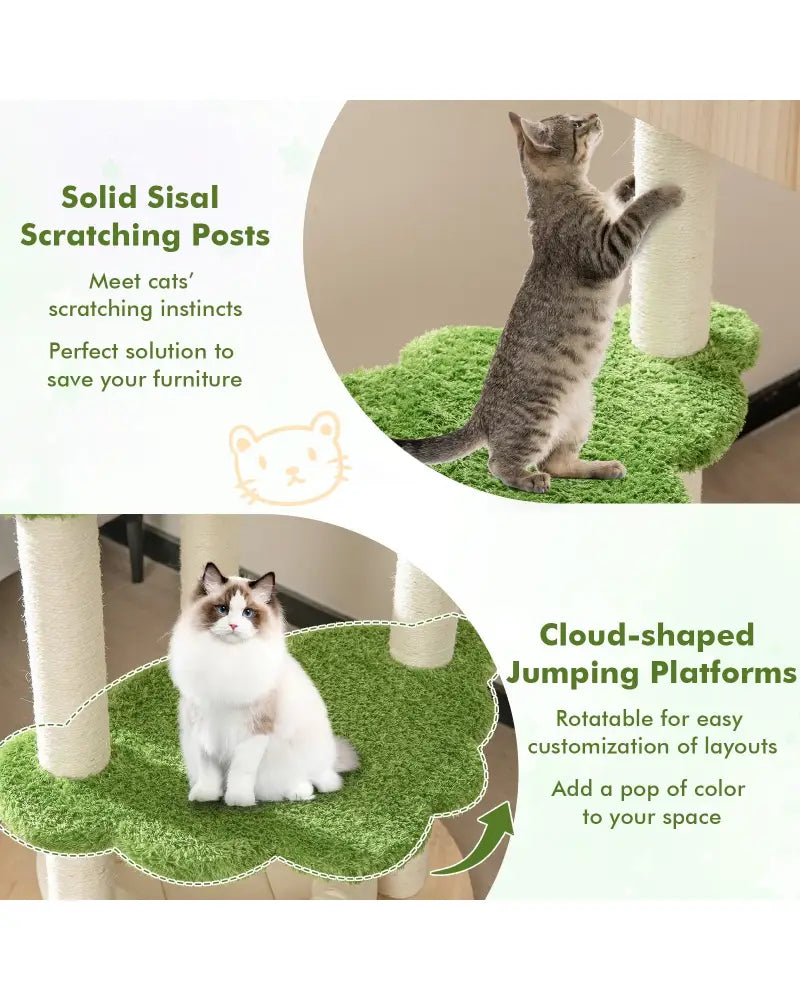 55 Inch Tall Cat Climbing Stand with Sisal Scratching Posts and Soft Cat Bed for Indoor Kittens-Green - Green - Cat