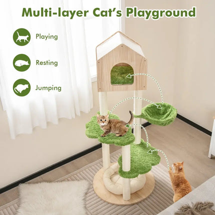 55 Inch Tall Cat Climbing Stand with Sisal Scratching Posts and Soft Cat Bed for Indoor Kittens-Green - Green - Cat