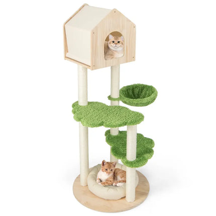 55 Inch Tall Cat Climbing Stand with Sisal Scratching Posts and Soft Cat Bed for Indoor Kittens-Green - Green - Cat