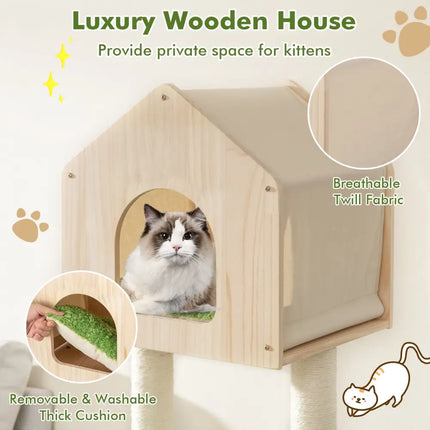 55 Inch Tall Cat Climbing Stand with Sisal Scratching Posts and Soft Cat Bed for Indoor Kittens-Green - Green - Cat