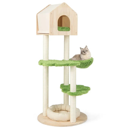 55 Inch Tall Cat Climbing Stand with Sisal Scratching Posts and Soft Cat Bed for Indoor Kittens-Green - Green - Cat