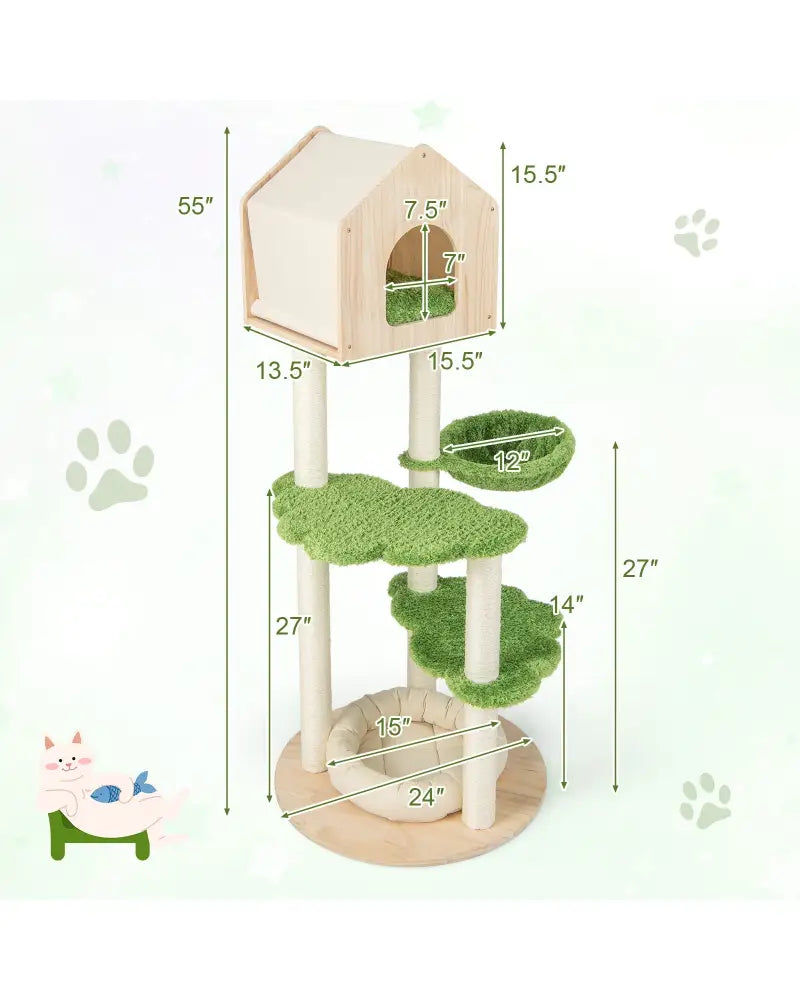 55 Inch Tall Cat Climbing Stand with Sisal Scratching Posts and Soft Cat Bed for Indoor Kittens-Green - Green - Cat