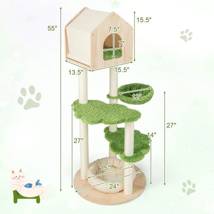 55 Inch Tall Cat Climbing Stand with Sisal Scratching Posts and Soft Cat Bed for Indoor Kittens-Green - Green - Cat