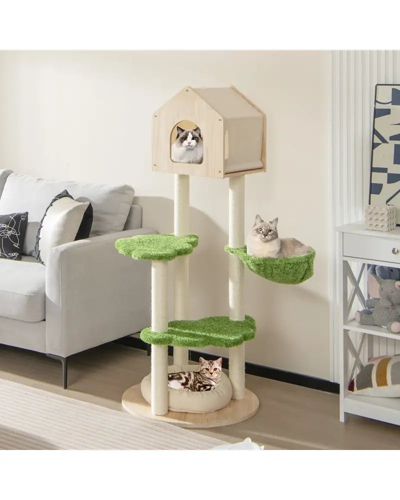 55 Inch Tall Cat Climbing Stand with Sisal Scratching Posts and Soft Cat Bed for Indoor Kittens-Green - Green - Cat