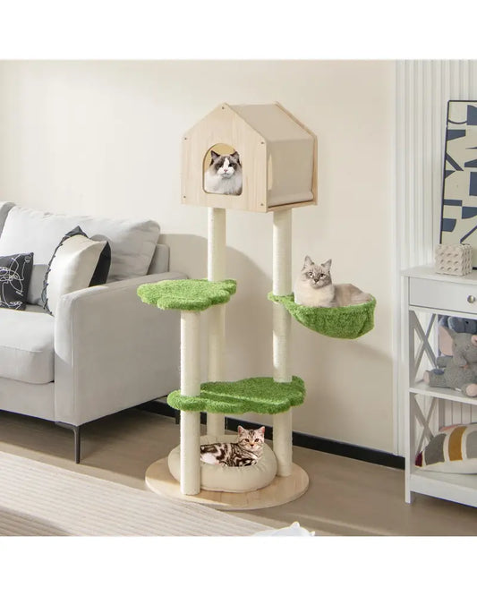 55 Inch Tall Cat Climbing Stand with Sisal Scratching Posts and Soft Cat Bed for Indoor Kittens-Green - Green - Cat