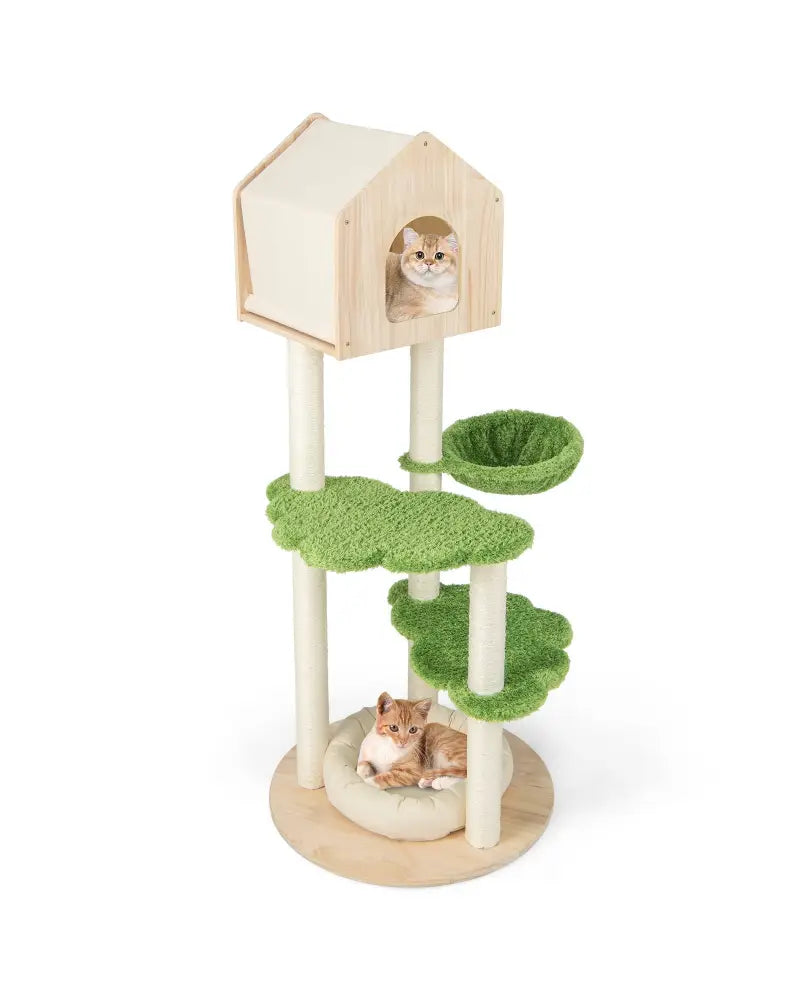 55 Inch Tall Cat Climbing Stand with Sisal Scratching Posts and Soft Cat Bed for Indoor Kittens-Green - Green - Cat