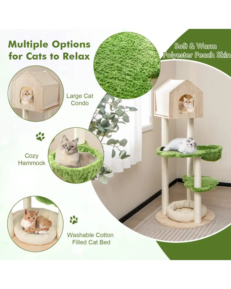 55 Inch Tall Cat Climbing Stand with Sisal Scratching Posts and Soft Cat Bed for Indoor Kittens-Green - Green - Cat