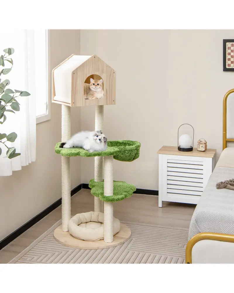 55 Inch Tall Cat Climbing Stand with Sisal Scratching Posts and Soft Cat Bed for Indoor Kittens-Green - Green - Cat