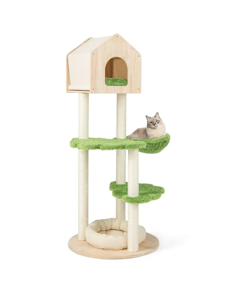 55 Inch Tall Cat Climbing Stand with Sisal Scratching Posts and Soft Cat Bed for Indoor Kittens-Green - Green - Cat