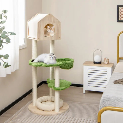 55 Inch Tall Cat Climbing Stand with Sisal Scratching Posts and Soft Cat Bed for Indoor Kittens-Green - Green - Cat