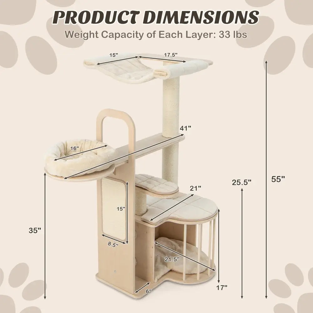 55 Inch Tall Multi-Level Cat Tree with Washable Removable Cushions-Natural - Natural - Cat Trees Condos & Scratchers