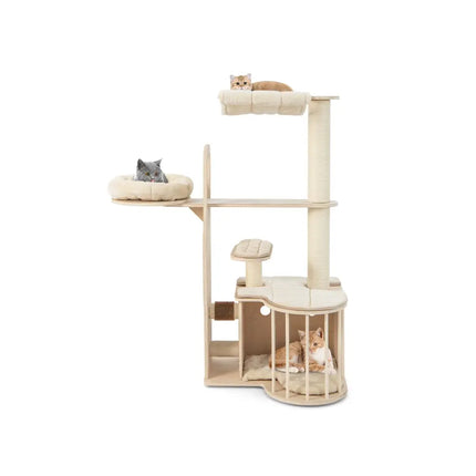 55 Inch Tall Multi-Level Cat Tree with Washable Removable Cushions-Natural - Natural - Cat Trees Condos & Scratchers