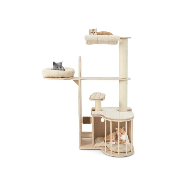 55 Inch Tall Multi-Level Cat Tree with Washable Removable Cushions-Natural - Natural - Cat Trees Condos & Scratchers
