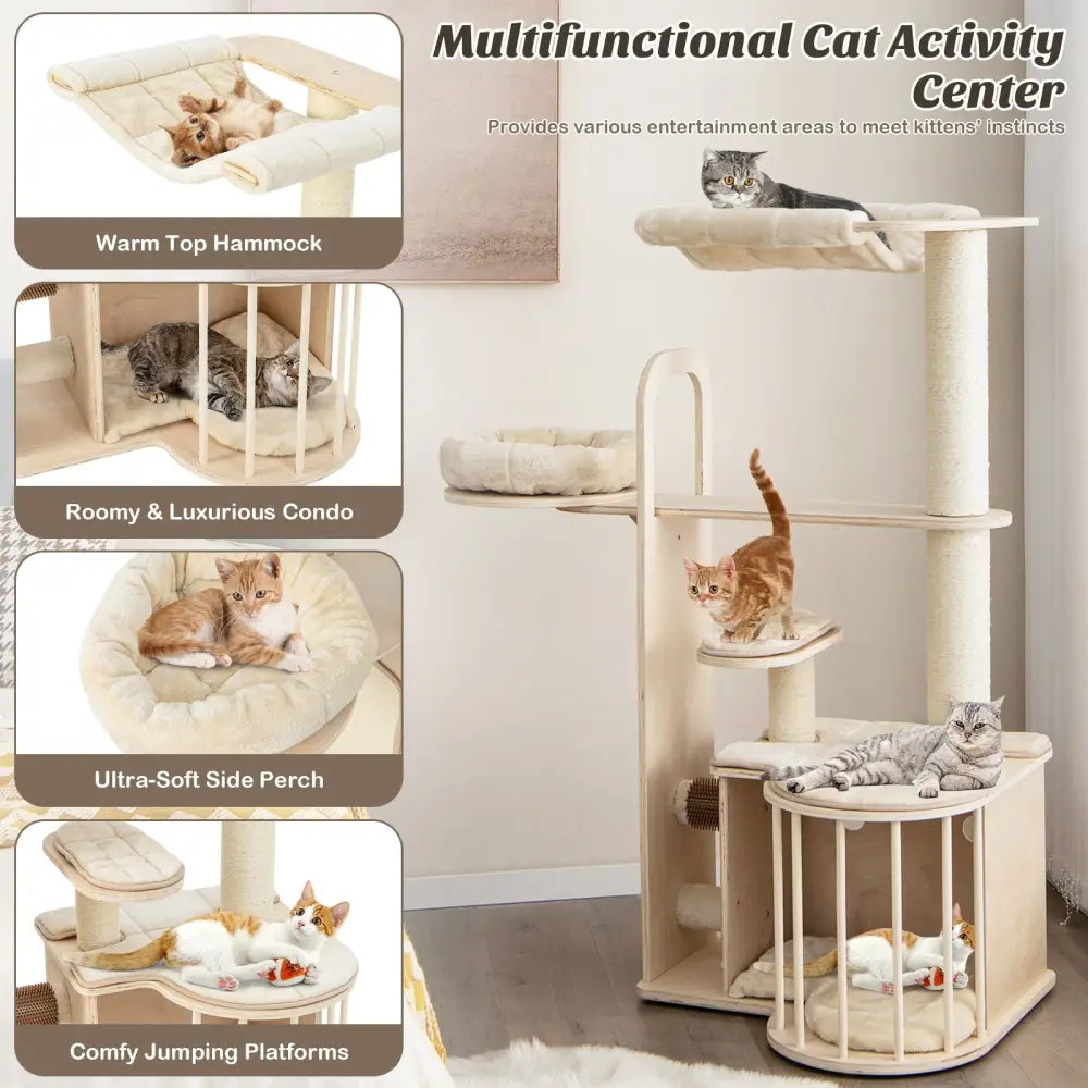 55 Inch Tall Multi-Level Cat Tree with Washable Removable Cushions-Natural - Natural - Cat Trees Condos & Scratchers