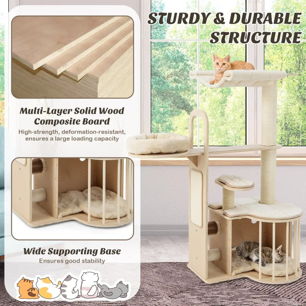 55 Inch Tall Multi-Level Cat Tree with Washable Removable Cushions-Natural - Natural - Cat Trees Condos & Scratchers