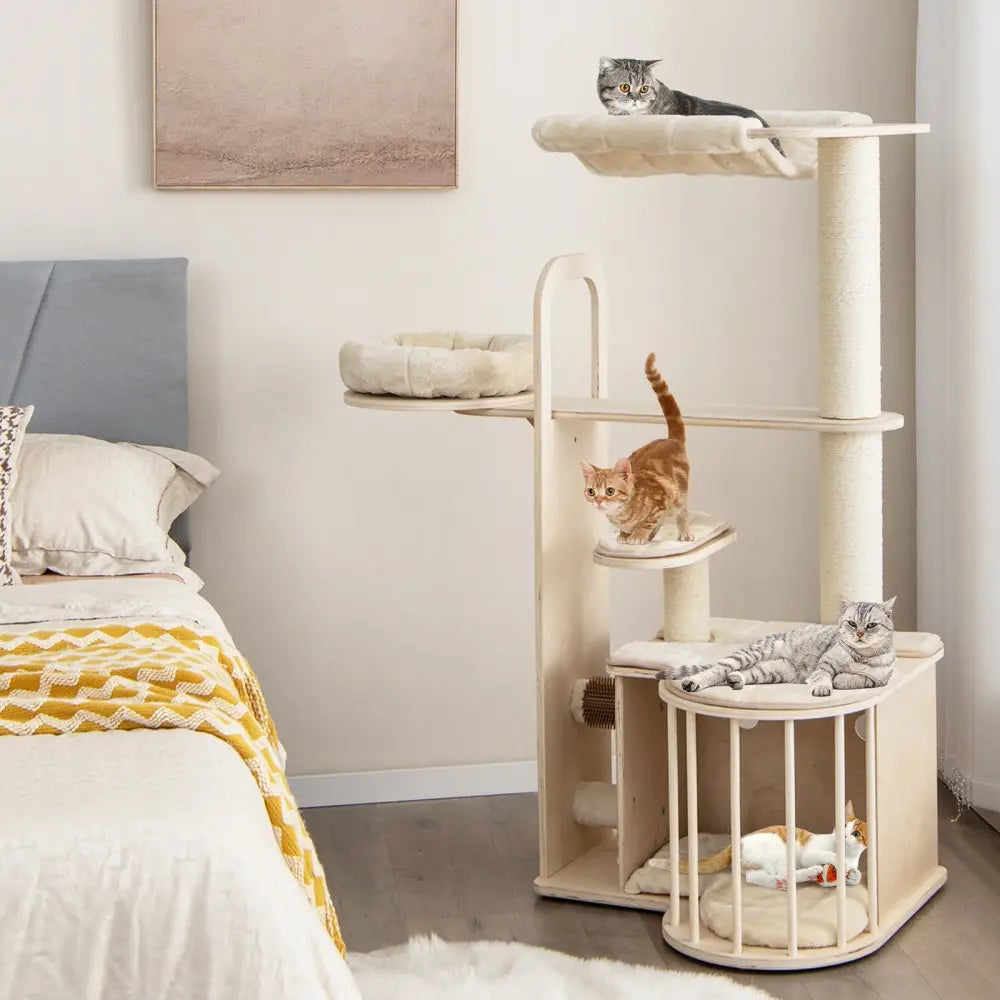 55 Inch Tall Multi-Level Cat Tree with Washable Removable Cushions-Natural - Natural - Cat Trees Condos & Scratchers