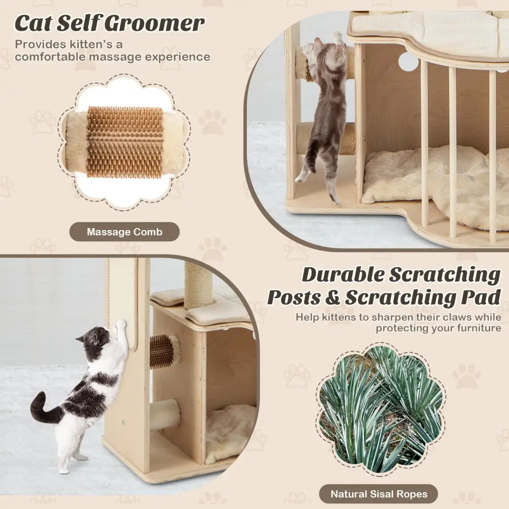 55 Inch Tall Multi-Level Cat Tree with Washable Removable Cushions-Natural - Natural - Cat Trees Condos & Scratchers