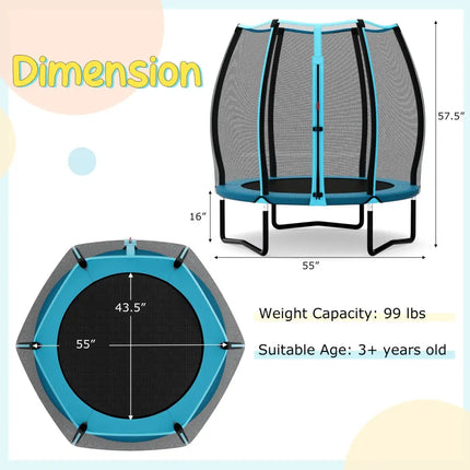55 Inch Trampoline for Kids Toddler Mini Trampoline with Safety Enclosure Net-Blue - Blue - Trampolines