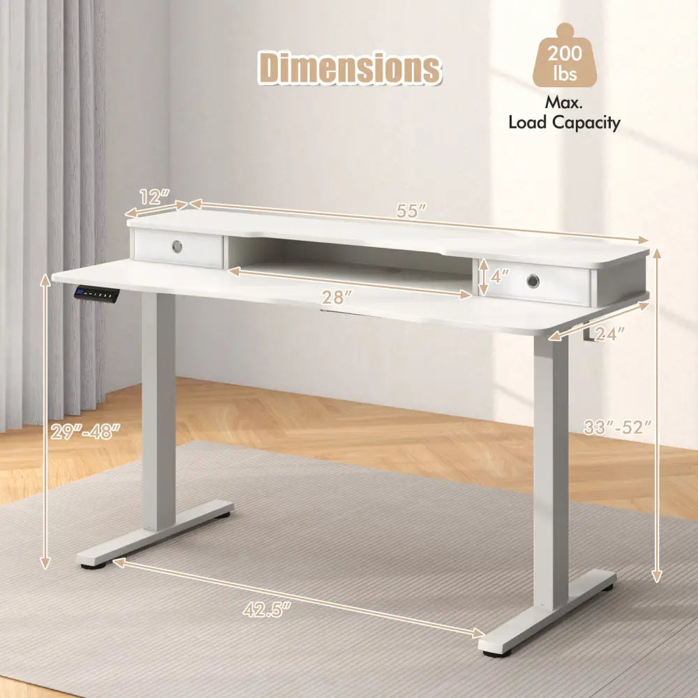 55 Inch x 24 Inch Height Adjustable Electric Standing Desk with 2 Drawers-White - White - Standing Desks