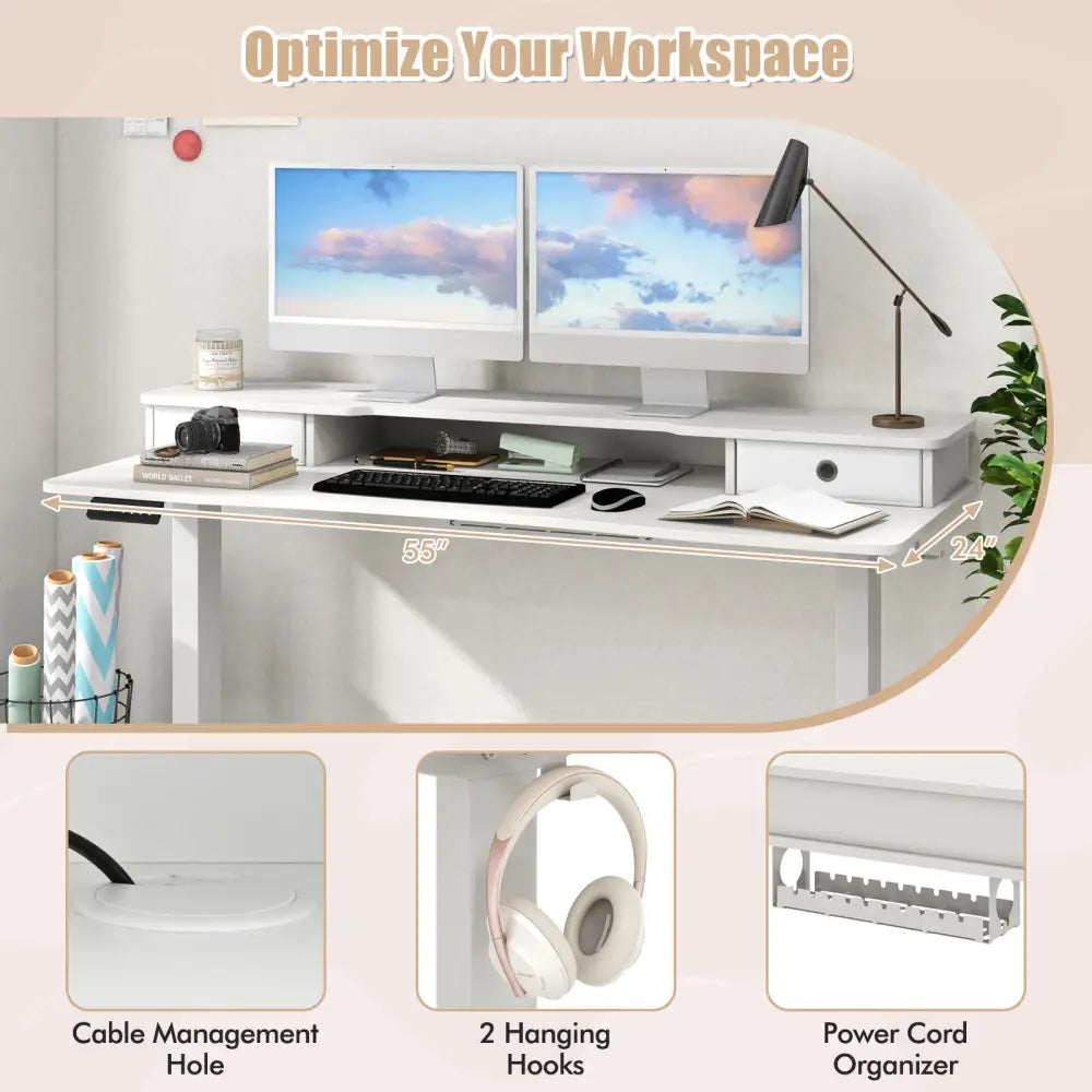 55 Inch x 24 Inch Height Adjustable Electric Standing Desk with 2 Drawers-White - White - Standing Desks