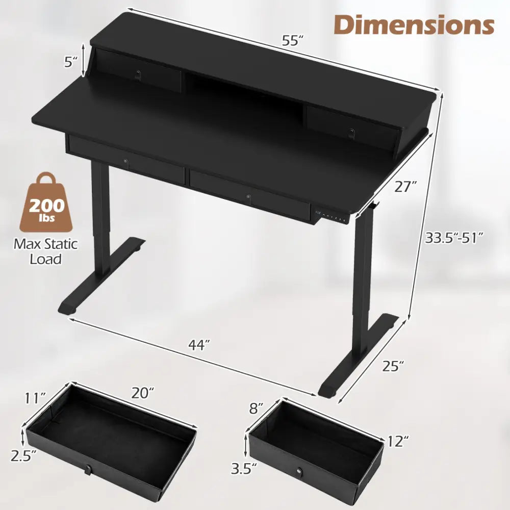 55 Inch x 27 Inch Electric Standing Desk with Drawers-Black - Black - Standing Desks