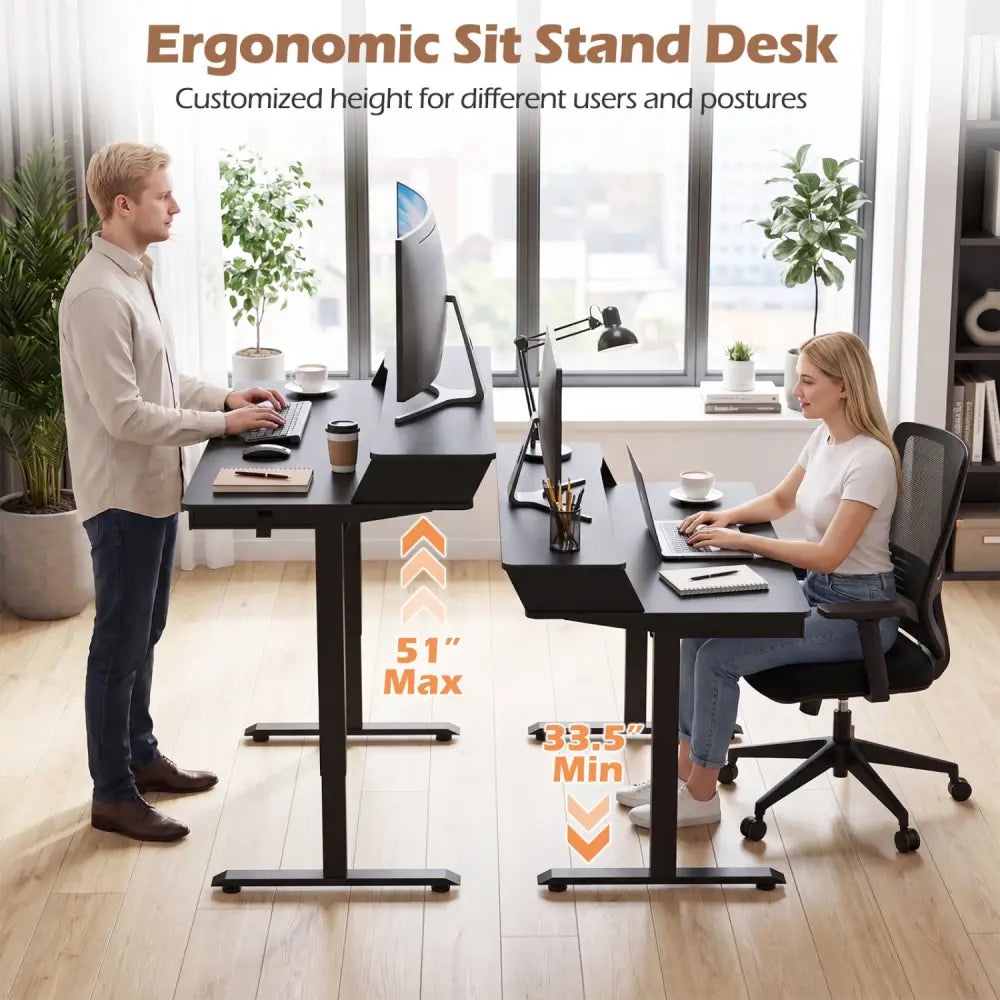 55 Inch x 27 Inch Electric Standing Desk with Drawers-Black - Black - Standing Desks
