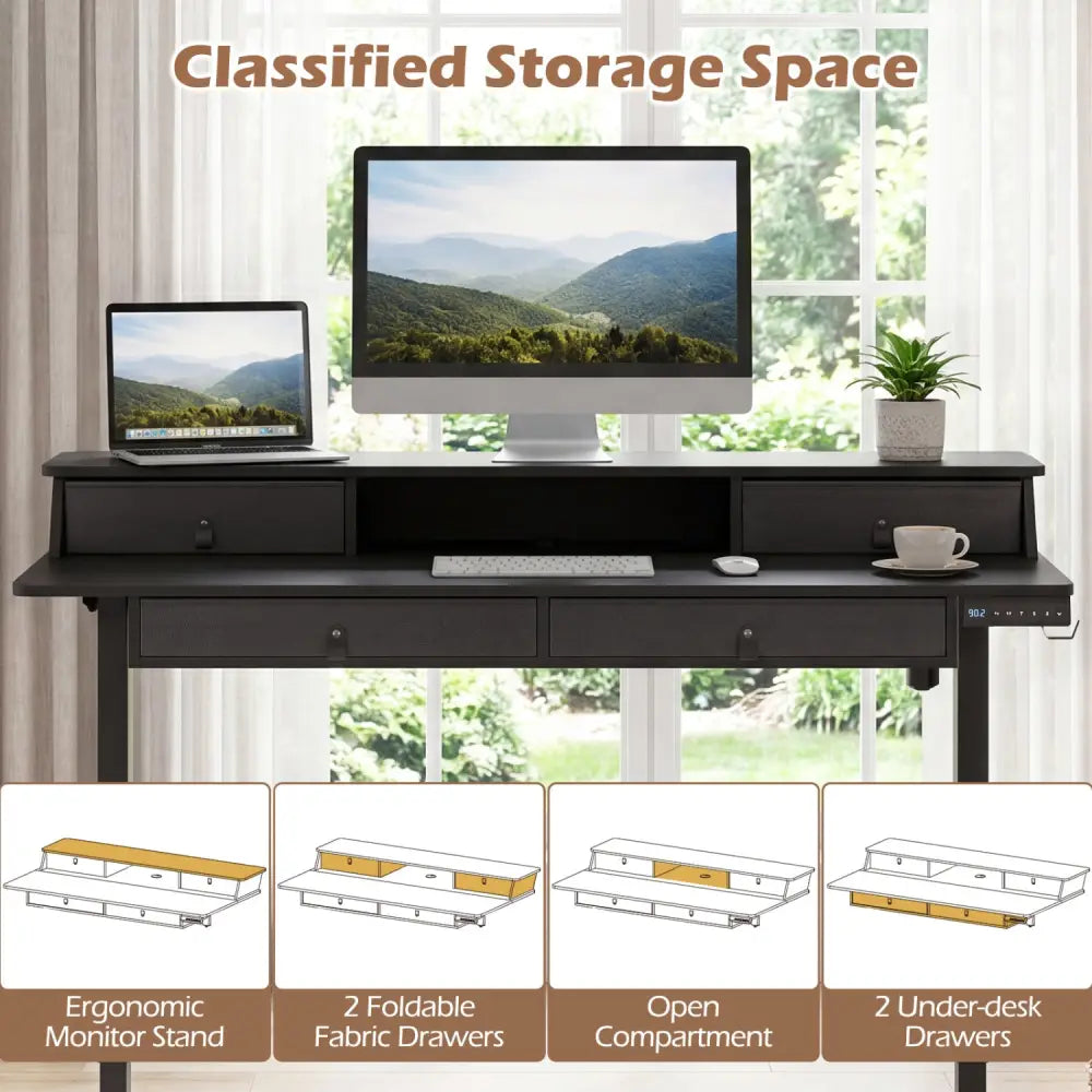 55 Inch x 27 Inch Electric Standing Desk with Drawers-Black - Black - Standing Desks