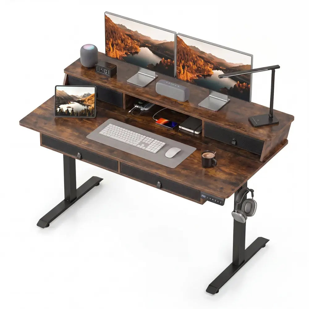 55 Inch x 27 Inch Electric Standing Desk with Drawers-Rustic Brown - Rustic Brown - Standing Desks