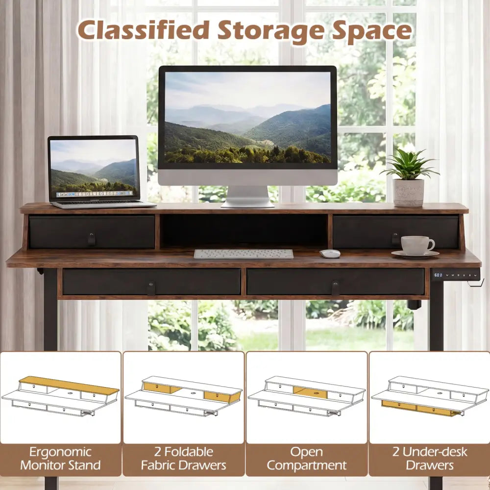 55 Inch x 27 Inch Electric Standing Desk with Drawers-Rustic Brown - Rustic Brown - Standing Desks