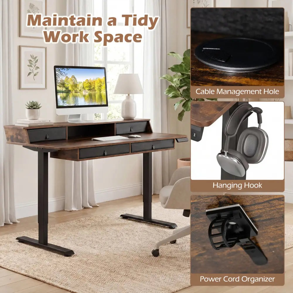 55 Inch x 27 Inch Electric Standing Desk with Drawers-Rustic Brown - Rustic Brown - Standing Desks