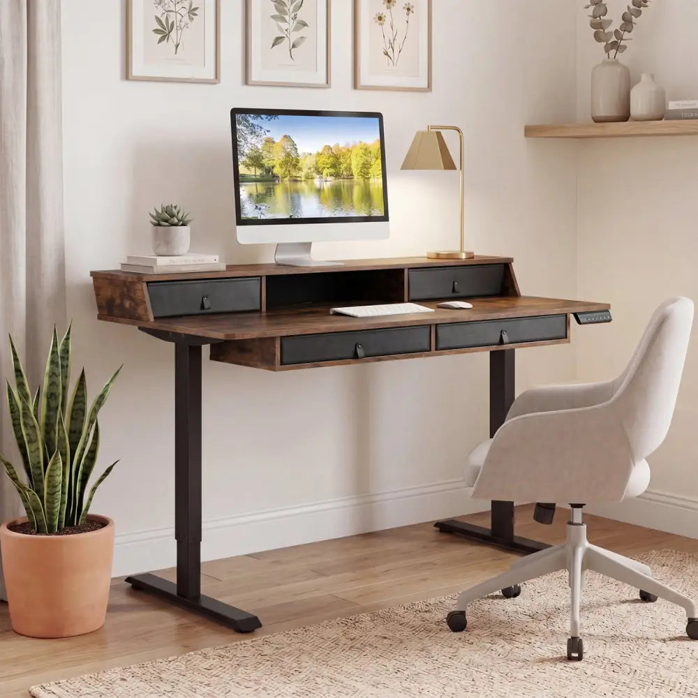 55 Inch x 27 Inch Electric Standing Desk with Drawers-Rustic Brown - Rustic Brown - Standing Desks