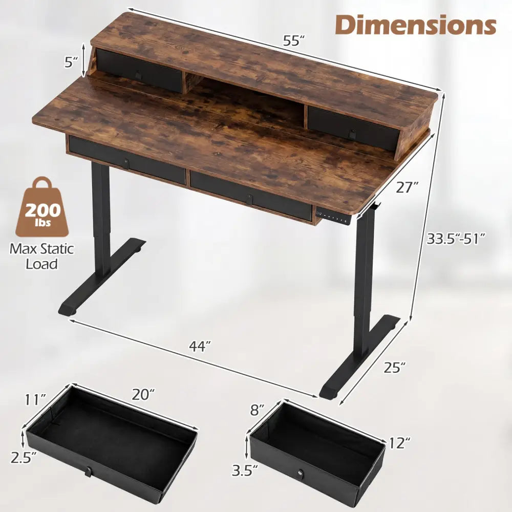 55 Inch x 27 Inch Electric Standing Desk with Drawers-Rustic Brown - Rustic Brown - Standing Desks