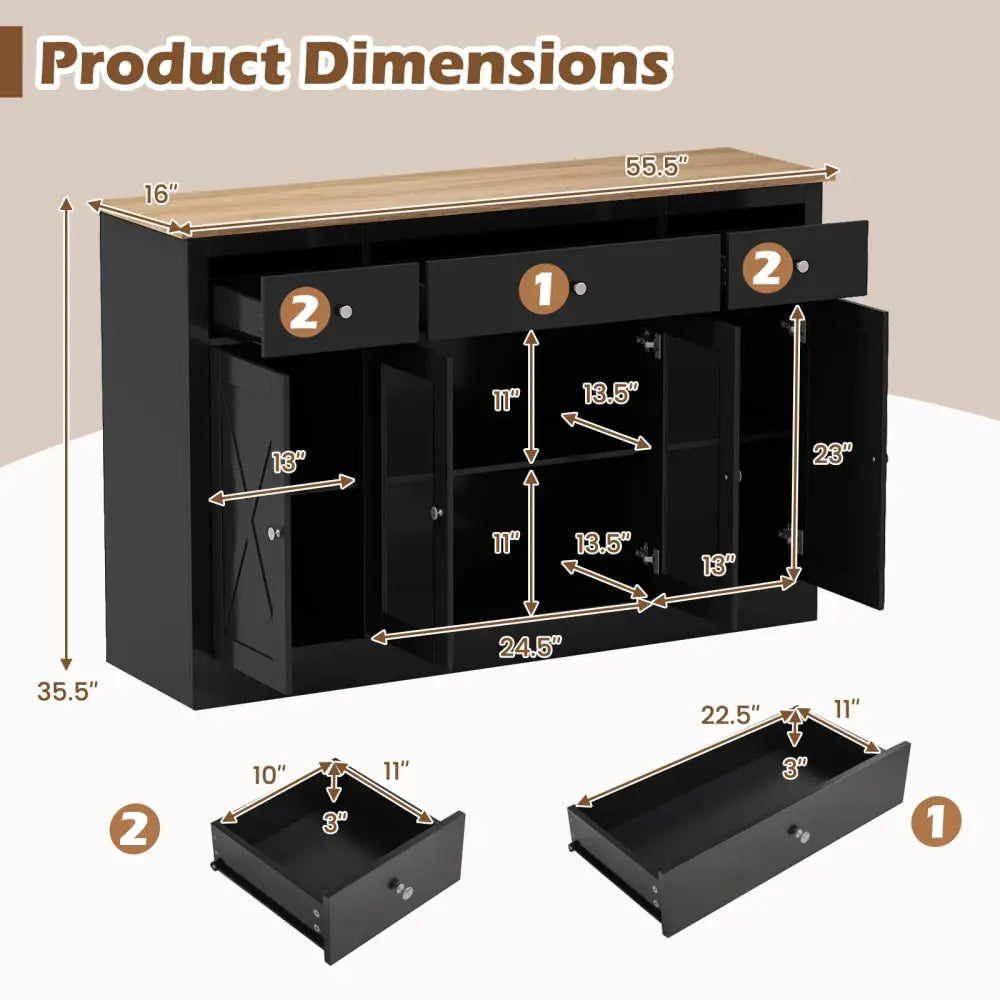 55’’ Large Buffet Sideboard Kitchen Storage Cabinet with 3 Drawers 2 See-through Doors Adjustable Shelves Wine Bar