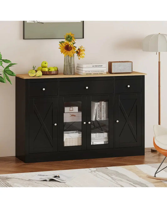 55’’ Large Buffet Sideboard Kitchen Storage Cabinet with 3 Drawers 2 See-through Doors Adjustable Shelves Wine Bar