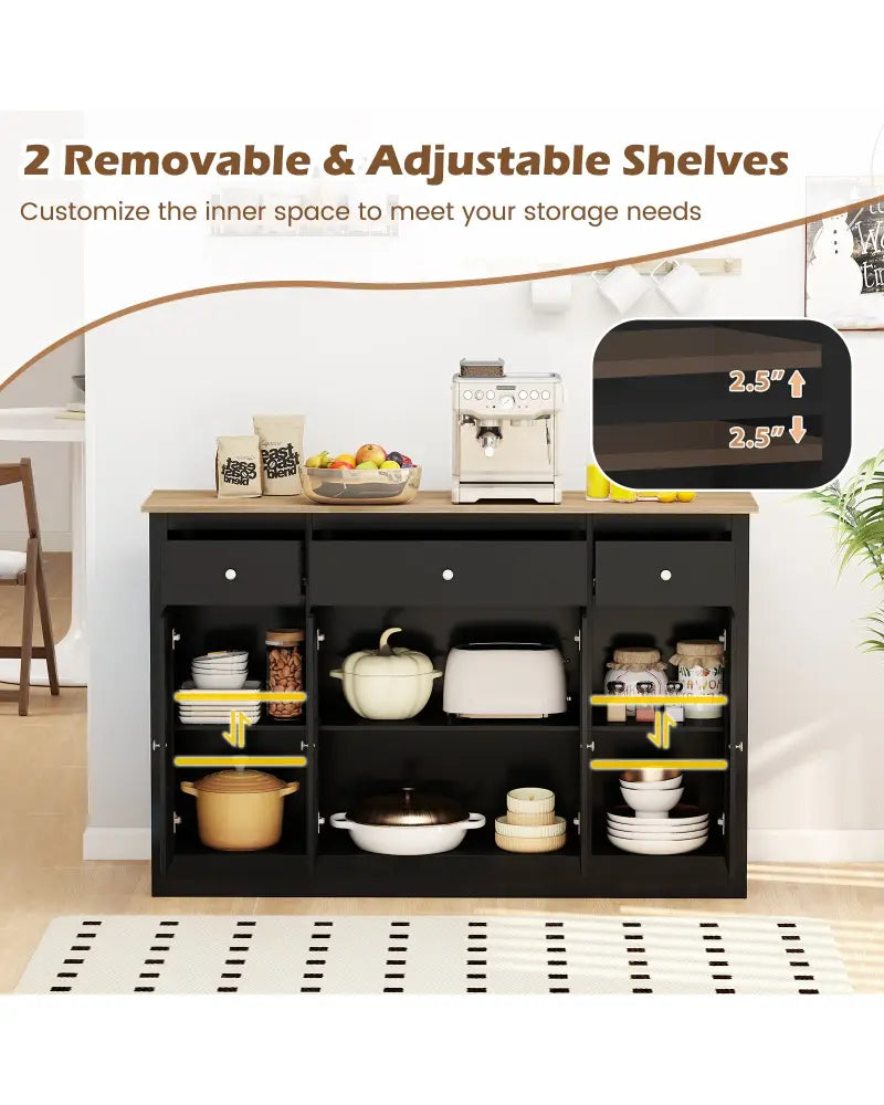 55’’ Large Buffet Sideboard Kitchen Storage Cabinet with 3 Drawers 2 See-through Doors Adjustable Shelves Wine Bar