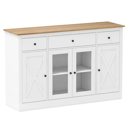 55" Large Buffet Sideboard Kitchen Storage Cabinet with 3 Drawers 2 See-through Doors Adjustable Shelves Wine Bar Table-White Costway