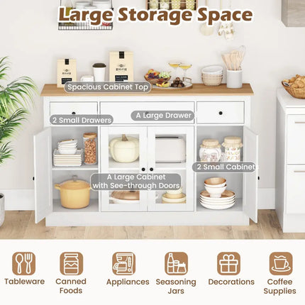 55" Large Buffet Sideboard Kitchen Storage Cabinet with 3 Drawers 2 See-through Doors Adjustable Shelves Wine Bar Table-White Costway