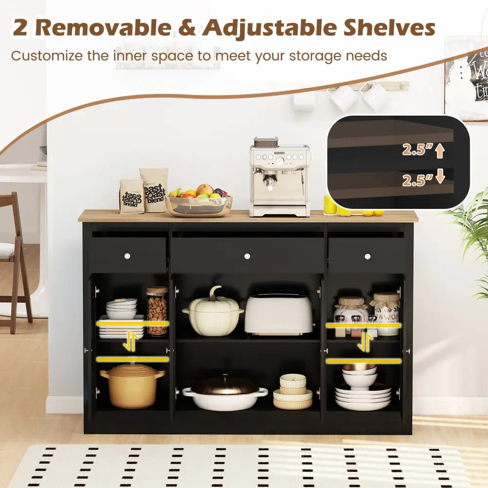 55’’ Large Buffet Sideboard Kitchen Storage Cabinet with 3 Drawers 2 See-through Doors Adjustable Shelves Wine Bar