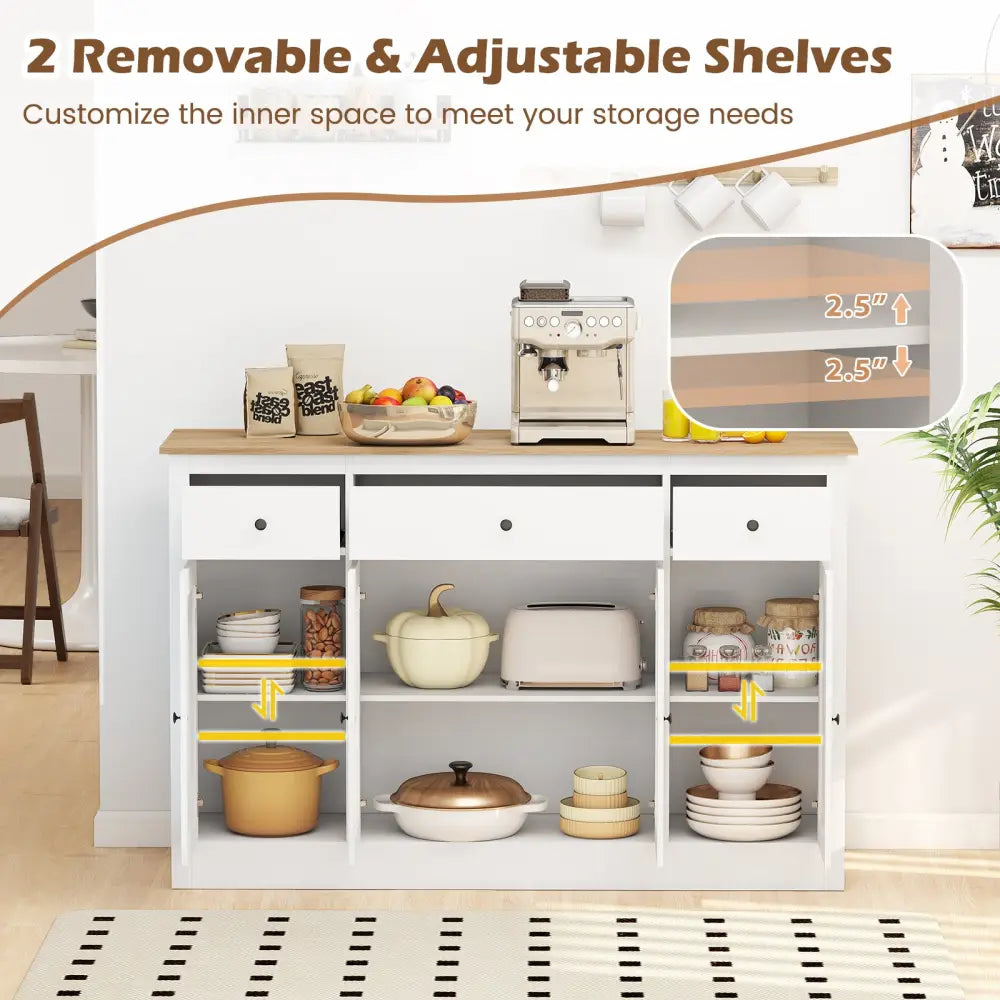 55’’ Large Buffet Sideboard Kitchen Storage Cabinet with 3 Drawers 2 See-through Doors Adjustable Shelves Wine Bar