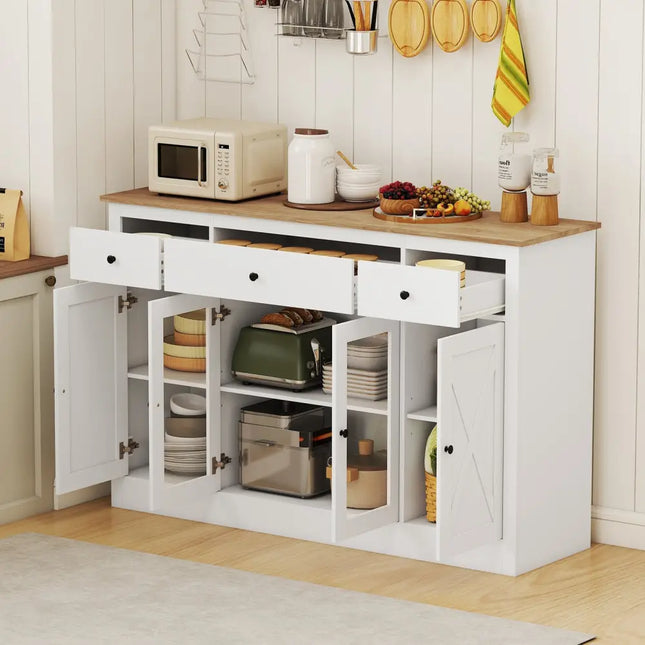 55" Large Buffet Sideboard Kitchen Storage Cabinet with 3 Drawers 2 See-through Doors Adjustable Shelves Wine Bar Table-White Costway