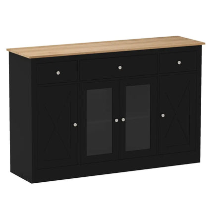 55" Large Buffet Sideboard Kitchen Storage Cabinet with 3 Drawers 2 See-through Doors Adjustable Shelves Wine Bar Table-Black Costway