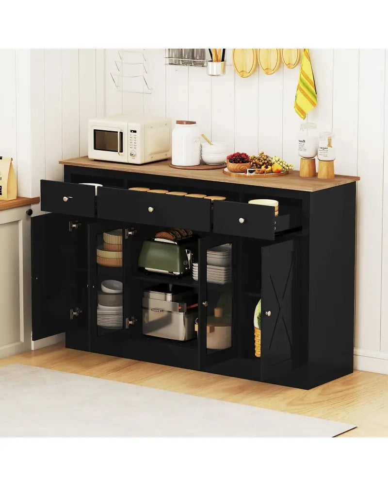 55’’ Large Buffet Sideboard Kitchen Storage Cabinet with 3 Drawers 2 See-through Doors Adjustable Shelves Wine Bar
