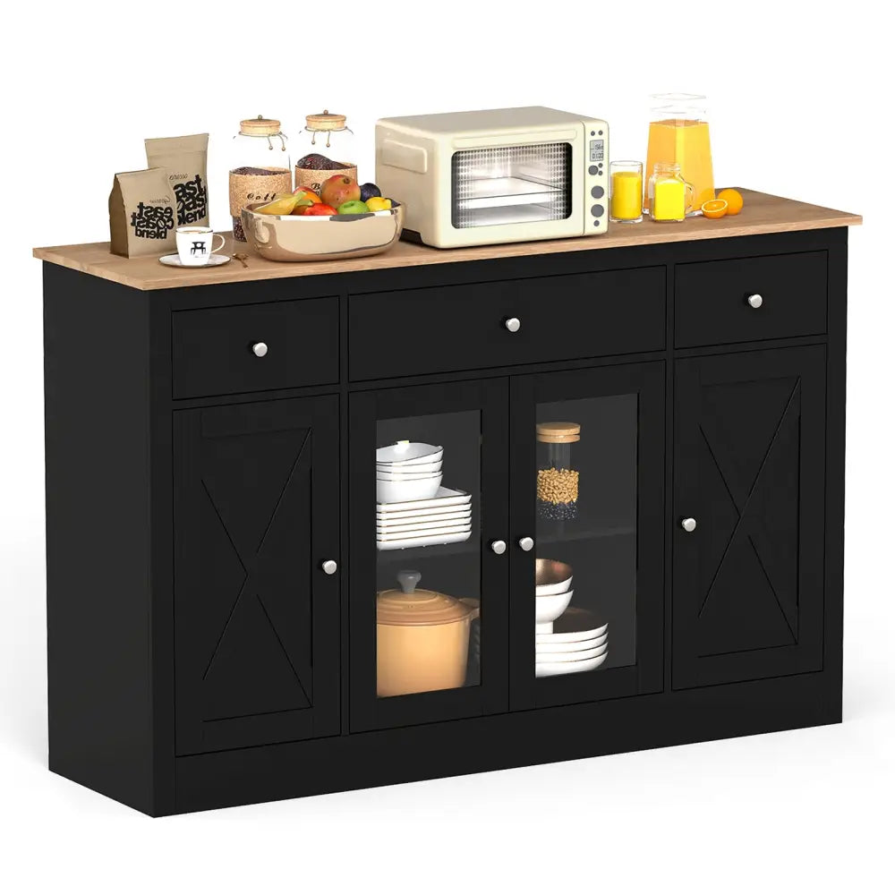 55’’ Large Buffet Sideboard Kitchen Storage Cabinet with 3 Drawers 2 See-through Doors Adjustable Shelves Wine Bar