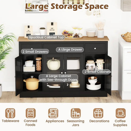 55" Large Buffet Sideboard Kitchen Storage Cabinet with 3 Drawers 2 See-through Doors Adjustable Shelves Wine Bar Table-Black Costway