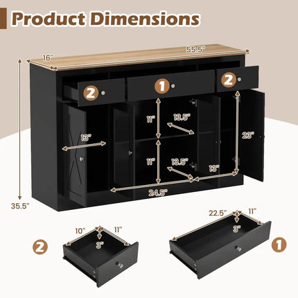 55" Large Buffet Sideboard Kitchen Storage Cabinet with 3 Drawers 2 See-through Doors Adjustable Shelves Wine Bar Table-Black Costway